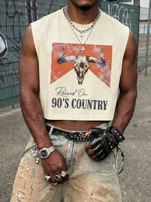 Rovax Men's Sleeveless Cropped Tank Top, Printed With Bull Skull Pattern And 90s Country Music Slogan,Wear Alone In Summer With Distressed Long Pants - Khaki - View 3
