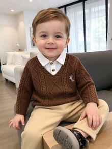 SHEIN 男童秋冬休閒POLO套裝，白色前襟配小馬刺繡，2合1白色襯衫領，棕色V領針織紋理面料長袖上衣，搭配彈性腰卡其褲，2件套，適合男童休閒時尚、通勤、舒適、復古學院風，適用於日常穿著、學校、外出、度假、假日 - 棕色 - 查看 3