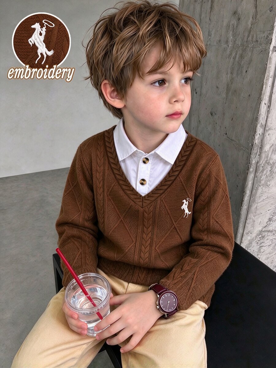 SHEIN 男童秋冬休閒POLO套裝,白色前襟配小馬刺繡,2合1白色襯衫領,棕色V領針織紋理面料長袖上衣,搭配彈性腰卡其褲,2件套,適合男童休閒時尚、通勤、舒適、復古學院風,適用於日常穿著、學校、外出、度假、假日 - 棕色 - 查看 1