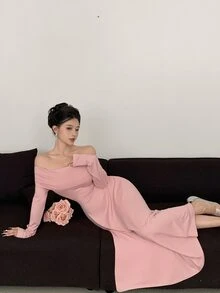 DAZY 女士露肩裹身优雅长裙，纯色，春/夏/秋优雅 - 粉色 - 查看 5