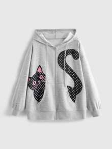 ROMWE Kawaii 可愛貓咪波點布貼刺繡寬鬆連帽前開襟運動衫 - 灰色 - 查看 1