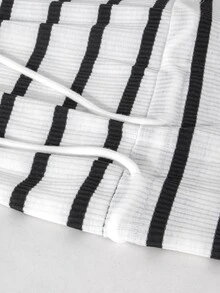 SHEIN Plus Size Maternity Striped Drawstring Dress, Round Neck Short Sleeve Ribbed Elastic Fabric, Adjustable Waistband Belly Support Slimming, Slit Mid-Length, Comfortable Versatile Home & Outdoor Wear For Plus Size Pregnant Women Throughout Pregnancy - Black and White - View 6