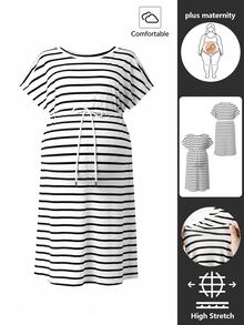 SHEIN Plus Size Maternity Striped Drawstring Dress, Round Neck Short Sleeve Ribbed Elastic Fabric, Adjustable Waistband Belly Support Slimming, Slit Mid-Length, Comfortable Versatile Home & Outdoor Wear For Plus Size Pregnant Women Throughout Pregnancy - Black and White - View 10