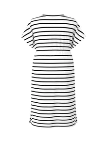 SHEIN Plus Size Maternity Striped Drawstring Dress, Round Neck Short Sleeve Ribbed Elastic Fabric, Adjustable Waistband Belly Support Slimming, Slit Mid-Length, Comfortable Versatile Home & Outdoor Wear For Plus Size Pregnant Women Throughout Pregnancy - Black and White - View 4