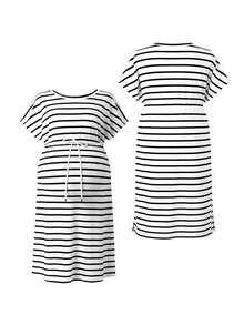 SHEIN Plus Size Maternity Striped Drawstring Dress, Round Neck Short Sleeve Ribbed Elastic Fabric, Adjustable Waistband Belly Support Slimming, Slit Mid-Length, Comfortable Versatile Home & Outdoor Wear For Plus Size Pregnant Women Throughout Pregnancy - Black and White - View 5