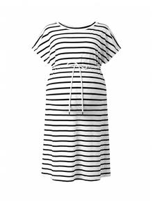 SHEIN Plus Size Maternity Striped Drawstring Dress, Round Neck Short Sleeve Ribbed Elastic Fabric, Adjustable Waistband Belly Support Slimming, Slit Mid-Length, Comfortable Versatile Home & Outdoor Wear For Plus Size Pregnant Women Throughout Pregnancy - Black and White - View 8