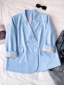 Comfortcana Women Plus Size Casual Smart Elegant Business Commute Double Breasted Blazer Office Fall - Blue - View 7