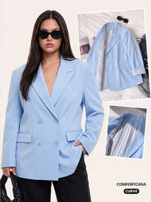 Comfortcana Women Plus Size Casual Smart Elegant Business Commute Double Breasted Blazer Office Fall - Blue - View 3