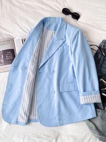 Comfortcana Women Plus Size Casual Smart Elegant Business Commute Double Breasted Blazer Office Fall - Blue - View 1