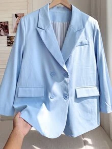 Comfortcana Women Plus Size Casual Smart Elegant Business Commute Double Breasted Blazer Office Fall - Blue - View 6