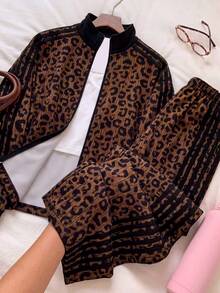 SHEIN EZwear Setelan Baju Sweatshirt Lengan Panjang Motif Leopard dan Celana Panjang Bergaris Warna Blok untuk Ukuran Plus, Cocok untuk Musim Gugur. - MultiWarna - View 11