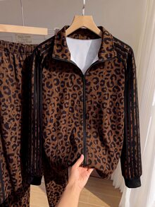 SHEIN EZwear Setelan Baju Sweatshirt Lengan Panjang Motif Leopard dan Celana Panjang Bergaris Warna Blok untuk Ukuran Plus, Cocok untuk Musim Gugur. - MultiWarna - View 3