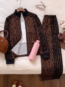 SHEIN EZwear Setelan Baju Sweatshirt Lengan Panjang Motif Leopard dan Celana Panjang Bergaris Warna Blok untuk Ukuran Plus, Cocok untuk Musim Gugur. - MultiWarna - View 12