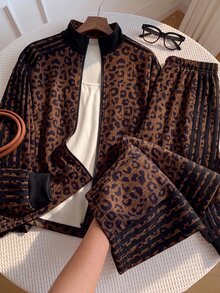 SHEIN EZwear Setelan Baju Sweatshirt Lengan Panjang Motif Leopard dan Celana Panjang Bergaris Warna Blok untuk Ukuran Plus, Cocok untuk Musim Gugur. - MultiWarna - View 10