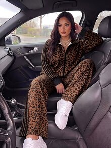 SHEIN EZwear Setelan Baju Sweatshirt Lengan Panjang Motif Leopard dan Celana Panjang Bergaris Warna Blok untuk Ukuran Plus, Cocok untuk Musim Gugur. - MultiWarna - View 7