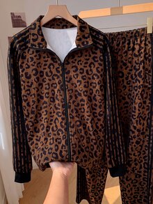 SHEIN EZwear Setelan Baju Sweatshirt Lengan Panjang Motif Leopard dan Celana Panjang Bergaris Warna Blok untuk Ukuran Plus, Cocok untuk Musim Gugur. - MultiWarna - View 6