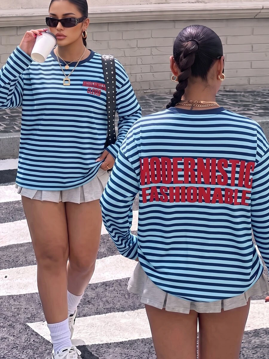 Muchica 女款針織條紋印花長袖T恤,秋季早午餐度假海灘俱樂部正式外出休閒可愛復古寬鬆海軍藍秋季 - 藍色 - 查看 1