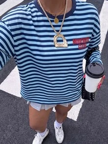 Muchica 女款針織條紋印花長袖T恤，秋季早午餐度假海灘俱樂部正式外出休閒可愛復古寬鬆海軍藍秋季 - 藍色 - 查看 4