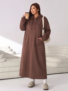 Solflare Plus Size Autumn/Winter Long Sleeve Hooded Grey Floral Print Pocket Sweatshirt Dress Fall - Chocolate Brown - View 6
