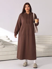 Solflare Plus Size Autumn/Winter Long Sleeve Hooded Grey Floral Print Pocket Sweatshirt Dress Fall - Chocolate Brown - View 7