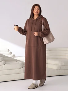 Solflare Plus Size Autumn/Winter Long Sleeve Hooded Grey Floral Print Pocket Sweatshirt Dress Fall - Chocolate Brown - View 5
