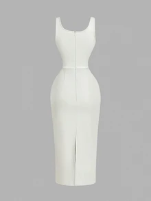 Skyraze Women's Solid Color Minimalist Sleeveless Fitted PU Dress, Everyday Wear White Bodycon Classy Rehearsal Dinner Wedding Guest - White - View 4