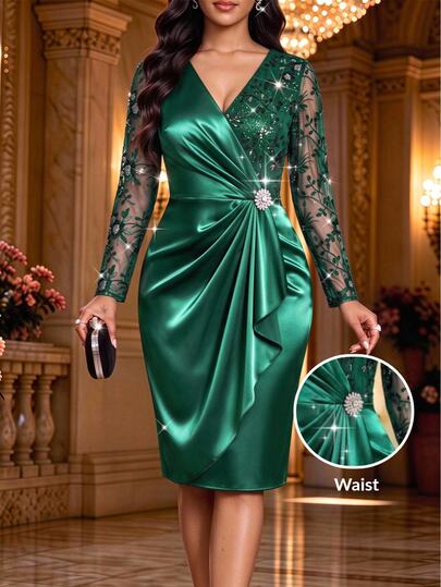 Fleurora Women's Patchwork Sequin Mesh Long Sleeve Pleated Elegant Midi Dress Christmas Dress Sequin Dress Ruffle Dress Elegant Dresses For Party