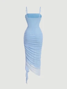 Skyraze Women's Elegant Sexy Light Blue Ruched Mesh Dress,Spaghetti Straps Asymmetrical Ruffle Hem Bodycon Midi Dress,Summer Party Night Bachelorette Outfits - Blue - View 4