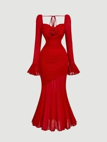 Skyraze Women's Red Bell Sleeve Mermaid Dress,Elegant Autumn Party Date Dinner Square Neck Bodycon Maxi,Vintage Gothic Fairycore Ruched Mesh Formal Wedding - Red - View 3