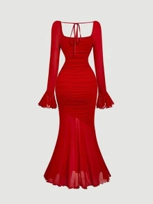 Skyraze Women's Red Bell Sleeve Mermaid Dress,Elegant Autumn Party Date Dinner Square Neck Bodycon Maxi,Vintage Gothic Fairycore Ruched Mesh Formal Wedding - Red - View 4