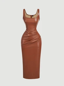 Skyraze Women's Brown Pleated Scoop Neck Sleeveless Fitted PU Dress - Rust Brown - View 3