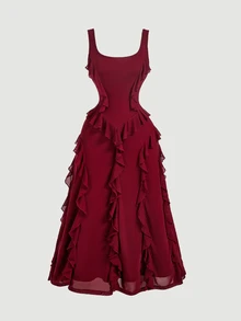 Skyraze Fall Solid Color Loose Fit Strap Ruched Flounce Hem Cami Midi Dress,Asymmetrical Hem Cami Red Multi-Layered Lotus Leaf ,Western , - Burgundy - View 3
