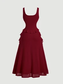 Skyraze Fall Solid Color Loose Fit Strap Ruched Flounce Hem Cami Midi Dress,Asymmetrical Hem Cami Red Multi-Layered Lotus Leaf ,Western , - Burgundy - View 4