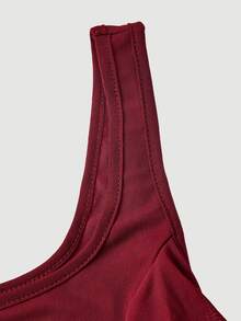 Skyraze Fall Solid Color Loose Fit Strap Ruched Flounce Hem Cami Midi Dress,Asymmetrical Hem Cami Red Multi-Layered Lotus Leaf ,Western , - Burgundy - View 5