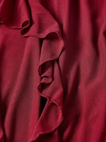 Skyraze Fall Solid Color Loose Fit Strap Ruched Flounce Hem Cami Midi Dress,Asymmetrical Hem Cami Red Multi-Layered Lotus Leaf ,Western , - Burgundy - View 6