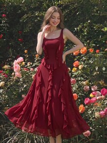Skyraze Fall Solid Color Loose Fit Strap Ruched Flounce Hem Cami Midi Dress,Asymmetrical Hem Cami Red Multi-Layered Lotus Leaf ,Western , - Burgundy - View 2
