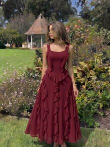 Skyraze Fall Solid Color Loose Fit Strap Ruched Flounce Hem Cami Midi Dress,Asymmetrical Hem Cami Red Multi-Layered Lotus Leaf ,Western , - Burgundy - View 1