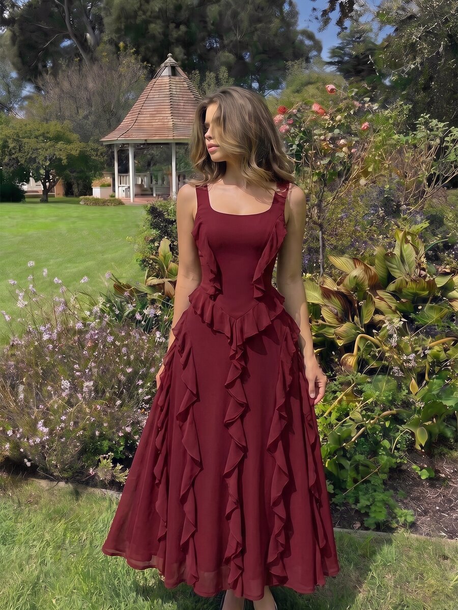 Skyraze Fall Solid Color Loose Fit Strap Ruched Flounce Hem Cami Midi Dress,Asymmetrical Hem Cami Red Multi-Layered Lotus Leaf ,Western , - Burgundy - View 1