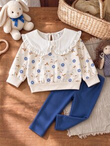 SHEIN Baby Girls 2pcs Knitted Long Sleeve Top And Pants Set,Floral Ruffle Shoulder Shirt With Ribbed Leggings,Beige Autumn Cute Modest Matching Family - Multicolor - View 4