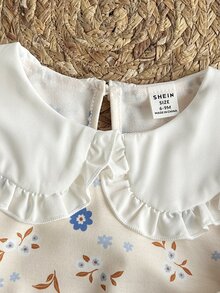 SHEIN Baby Girls 2pcs Knitted Long Sleeve Top And Pants Set,Floral Ruffle Shoulder Shirt With Ribbed Leggings,Beige Autumn Cute Modest Matching Family - Multicolor - View 8