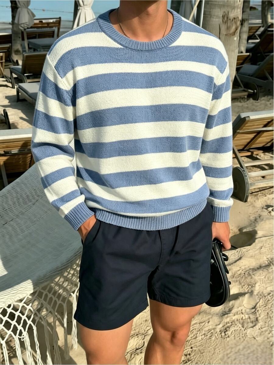 Manfinity Dauomo Men Contrast Striped Pattern Sweater - Blue and White - View 1