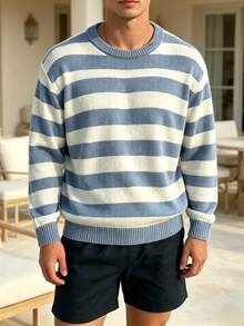 Manfinity Dauomo Men Contrast Striped Pattern Sweater - Blue and White - View 8