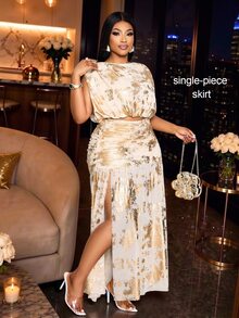 SOLERSUN Women Summer Plus Size Beige Autumn Elegant Birthday S,Mesh Metallic Fabric High Slit Skirt,Ruched Drape Extreme Split Vacation Holiday Skirt Fall - Apricot - View 2