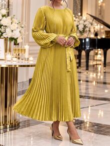 Fleurora Plus Size Women Solid Color Round Neck Lantern Sleeve Pleated Elegant Dress Fall Party Wedding Evening - Ginger - View 3
