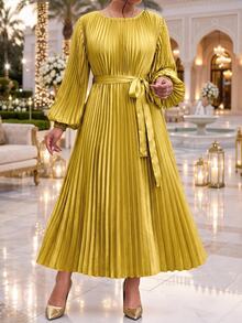 Fleurora Plus Size Women Solid Color Round Neck Lantern Sleeve Pleated Elegant Dress Fall Party Wedding Evening - Ginger - View 5