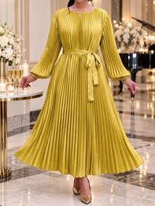 Fleurora Plus Size Women Solid Color Round Neck Lantern Sleeve Pleated Elegant Dress Fall Party Wedding Evening - Ginger - View 4