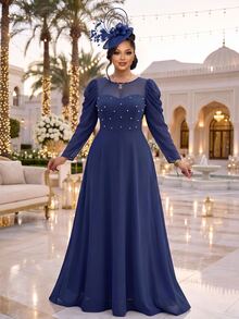 Fleurora Plus Size Women's Elegant Solid Color Round Neck Fitted Long Sleeve Dress Fall - Navy Blue - View 1