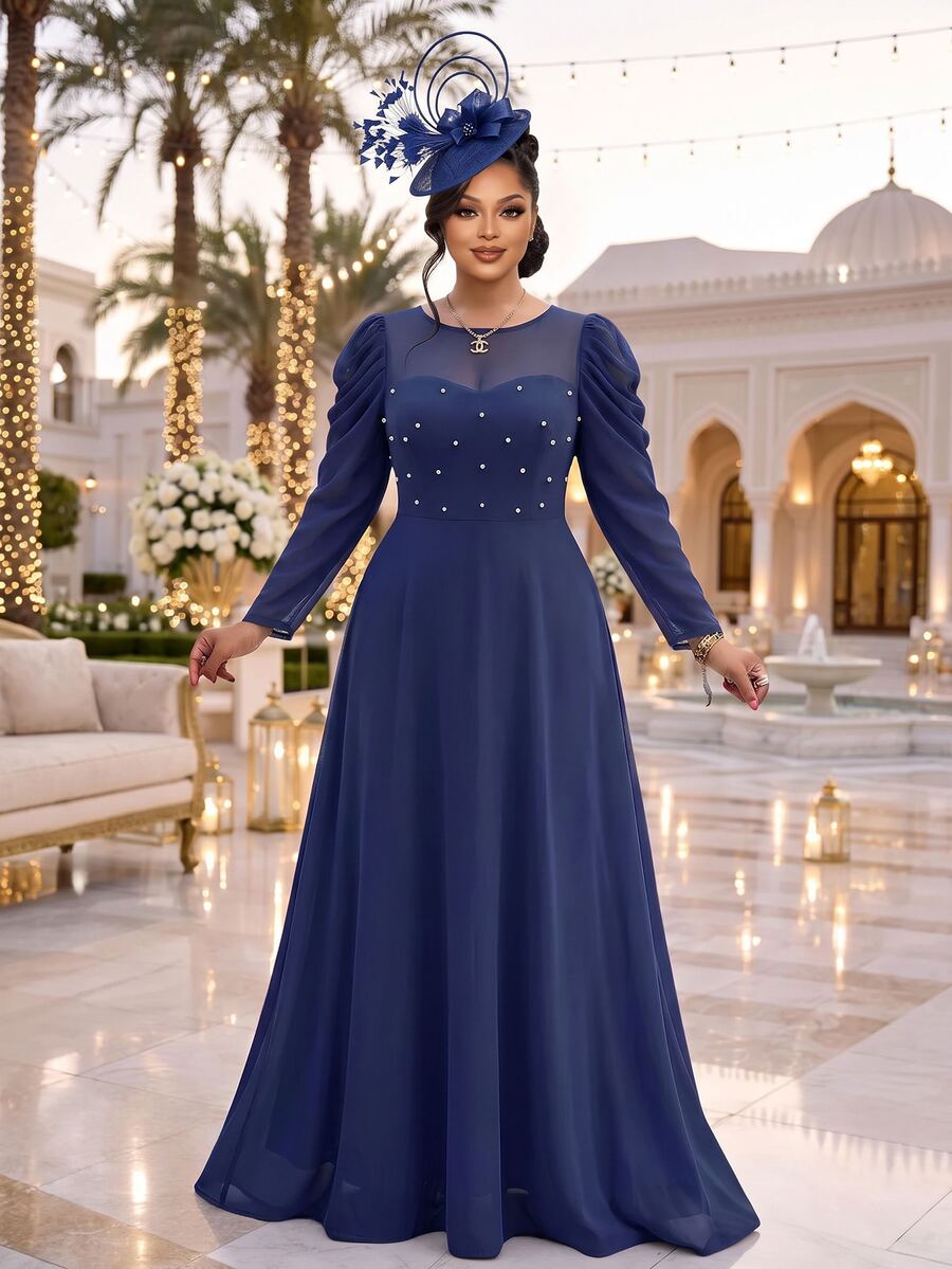 Fleurora Plus Size Women's Elegant Solid Color Round Neck Fitted Long Sleeve Dress Fall - Navy Blue - View 1