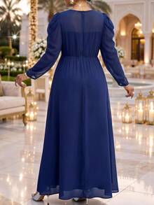 Fleurora Plus Size Women's Elegant Solid Color Round Neck Fitted Long Sleeve Dress Fall - Navy Blue - View 2