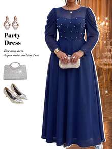 Fleurora Plus Size Women's Elegant Solid Color Round Neck Fitted Long Sleeve Dress Fall - Navy Blue - View 3